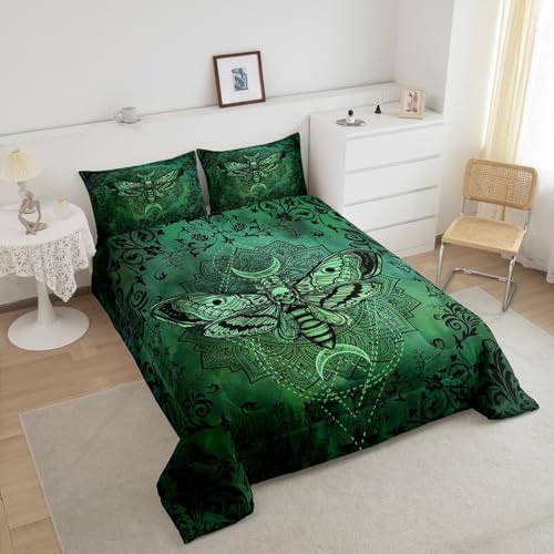 Image of Feelyou Boys Girls Gothic Bedding Set Full Size, Dark Green Damask Comforter Set Kids Death Moth Bohemia Boho Duvet Insert Teens Bedroom Decor with 2 Pillow Case