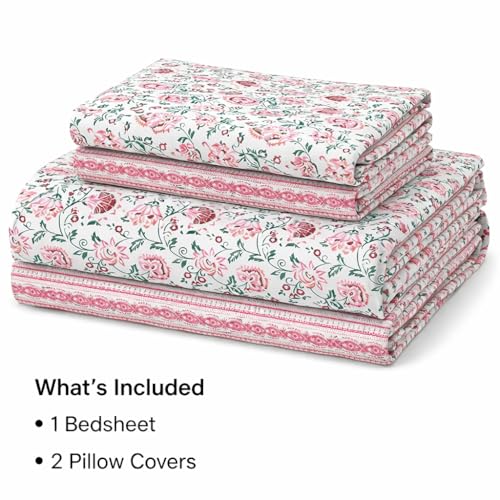 Image of ElanorHomes 240 TC Cotton Double King Size Bedsheet | Ultra-Soft & Skin-Safe | Breathable Summer Comfort | 93x108 inches with 2 Pillow Covers (Pink Shalimar Jaal)