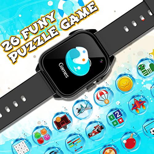 Kids Waterproof Game Watch Learning Toys with 26 Game HD Camera 1.44'' Touchscreen Pedometer Video Music Player Alarm Clock Calculator Smart Watch for Girls Boys 3-12 Years Old (Black)
