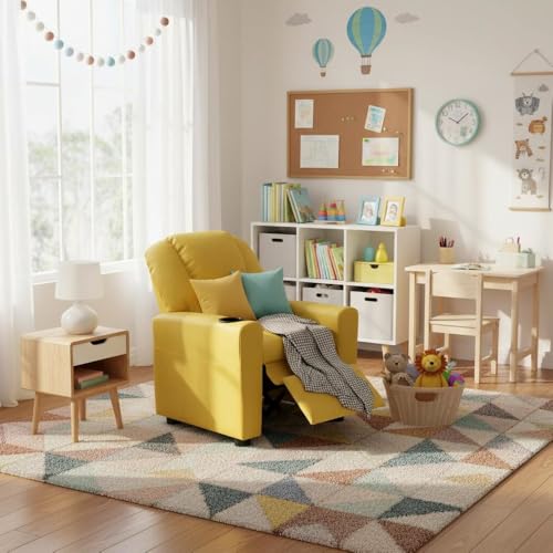 Image of Furnifact Marisa Yellow PU Leather Youth Recliner with Cupholder for Kids 142 inch Seat Height 14 inch Width 106 inch Depth Bright and Fun for a Warm Lifestyle