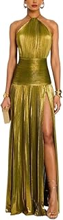 Women's Luxury Metallic Halter Neck Backless Slit Dress - Stunning Mermaid Gown for Parties Club Cocktail Events