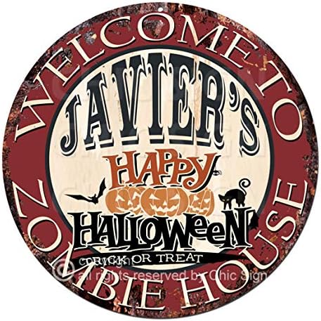 Bienvenido a The Javier'S Happy Halloween Zombie House Chic Cartel de hojalata rústico desgastado estilo vintage retro cocina, bar, pub, cafetería,
