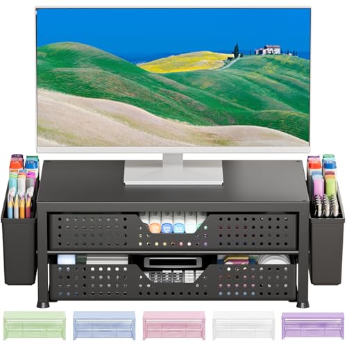 Image of OPNICE Computer Monitor Stand Riser with 2 Drawers & 2 Pen Holders, Desk Organizer for Office Supplies, Laptop Stand for Desk, Workspace Desk Organizers and Accessories for Home Office, Black