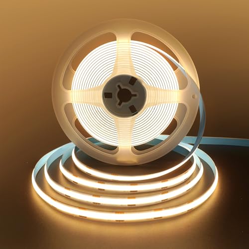 Image of 12VCOB LED Strip Lights with 5521DC Male and Female Connectors,8mm Width,16.4FT /5M,480LEDs /M,Warm White 3000K Bright Lights,Not Waterproof IP20,for DIY Home Indoor Decoration