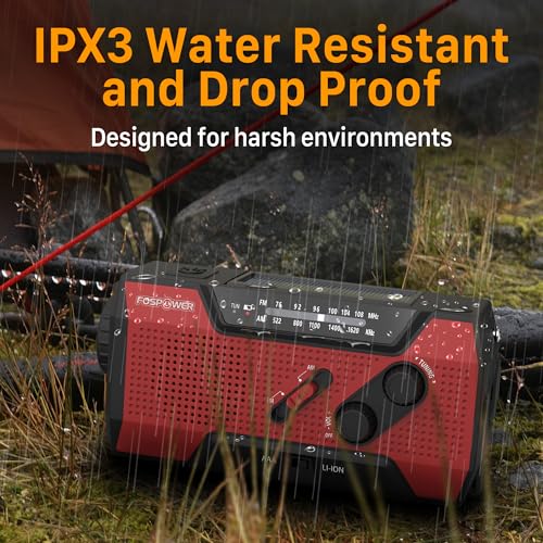 Image of FosPower NOAA Emergency Weather Radio A1 7400mWh Portable Power Bank, AM /FM, USB /Solar /Hand Crank Charging, Battery Operated, SOS Alarm & Flashlight for Indoor /Outdoor Emergency - Red