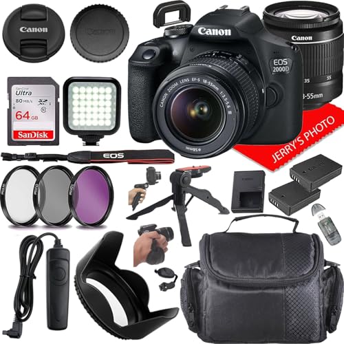 Canon EOS 2000D (Rebel T7) DSLR Camera w/Canon EF-S 18-55mm F/3.5-5.6 DC III Zoom Lens + Extra Battery + Case + 64GB Memory (20pc Bundle) (Renewed)