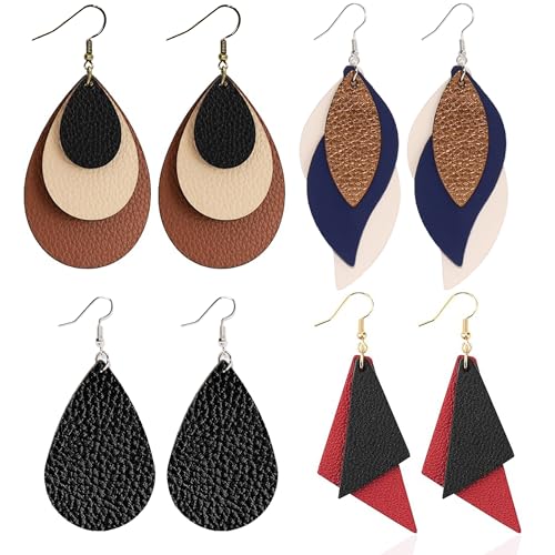 Coiris 4 Pairs Leather Earrings Set for Women Boho Lightweight Unique Leather Dangle Earrings Set Layered Design Teardrop Drop Vintage Bohemian Earrings For Women