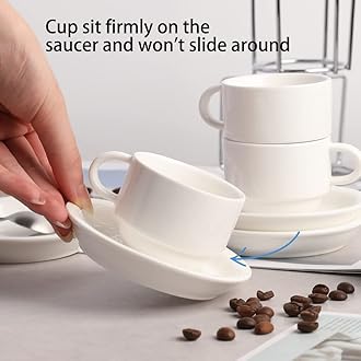 Sweejar Porcelain Espresso Cups with Saucers, 2.5 Ounce Stackable Cappuccino Cups with Metal Stand for Coffee Drinks, Latte, Tea - Set of 4 (White)