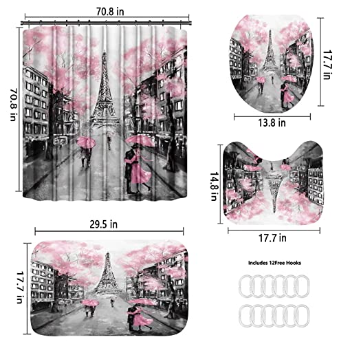 Chrainy 4Pcs Paris Eiffel Tower Pink Shower Curtain Sets Bathroom Set Decor with Non-Slip Rugs Bath U-Shaped Mat Toilet Lid Cover Waterproof Valentine Bathroom Curtains Shower Set with 12 Hooks