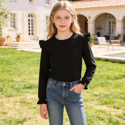Image of LYSMuch 7-14Y Girls Ruffle Long Sleeve Shirt Kids Crewneck Basic Blouse Casual Tee