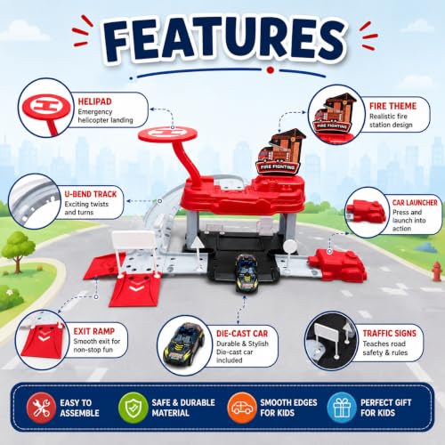Image of WISHKEY Car Launcher Toys for Kids Parking Lot Toy for Kids 3+ Years, DIY Engineering Garage Playset with Die-Cast Car, Building Track, Launcher, Pretend Play Activity, Birthday Gift for Boys Red