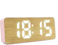 Relógio Despertador Digital de Mesa com Display LED 12/24h – Alarme, Calendário e Design Moderno em Bambu para Quarto, Escritório ou Setup (Rosa)