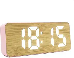 Relógio Despertador Digital de Mesa com Display LED 12/24h – Alarme, Calendário e Design Moderno em Bambu para Quarto, Escritório ou Setup (Rosa)