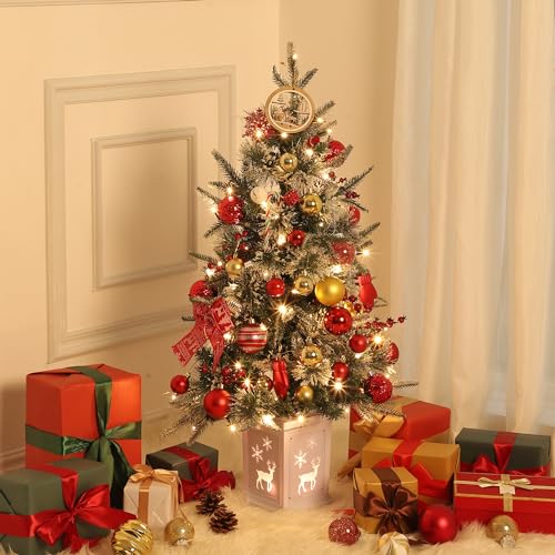 Christmas Tree, 3 Ft Pre-Lit Artificial Christmas Trees with Potted Base, Snow Flocked Small Christmas Tree with 70 Lights, Christmas Decoration, Battery Operated Timer Function