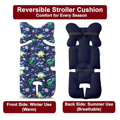 Image of Motherly Baby Stroller Seat Cushion | Reversible and Universal Fit Pad for Strollers, High Chairs, Car Seats & Rockers | Soft, Breathable Pram Liner with Secure Straps & Safety Belt Slot