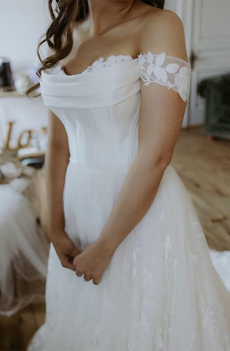Off Shoulder Lace Applique Wedding Dress for Bride Strapless A-Line Satin Pleated Tulle Bridal Ball Gown with Corset - Image 3