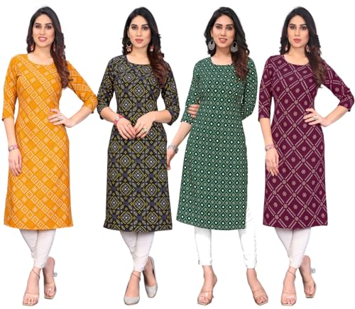Image of JAKHANA Women's Crepe Printed Casual Straight Calf Length Round Nick Kurta Pack of 4