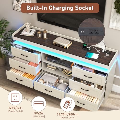 70\"W Large Drawers Dresser,Tall Farmhouse 7 Drawers Dresser for Bedroom +2 Open Storage Shelves,with LED Light and Power Outlets,Wide Wood 7 Chests of Drawers for Closet for Bedroom(Antique White) - Thumbnail 4
