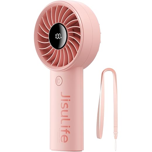 JISULIFE Handheld Fan Life4 with Powerful Motor,LED Display,5000mAh Battery,5 Wind Speeds,Lanyard; USB Rechargeable Hand held Fan; Summer Essentials Portable Fan for Travel,Beach,Makeup,Concerts-Pink