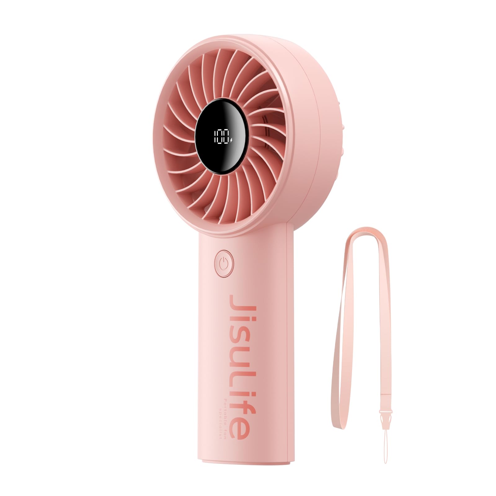 JISULIFE Handheld Fan Life4 with Powerful Motor,LED Display,5000mAh Battery,5 Wind Speeds,Lanyard; USB Rechargeable Hand held Fan; Summer Essentials Portable Fan for Travel,Beach,Makeup,Concerts-Pink