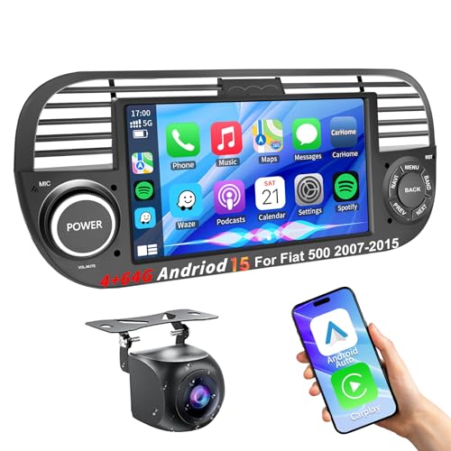 4+64G Android 15 Car Stereo for Fiat 500 (2007-2015) Wireless CarPlay & Android Auto &MIrror Link 7 Inch 1280 * 720 IPS Touch Screen With GPS Navigation Bluotooth 5GWIFI Free Backup Camera FM Radio