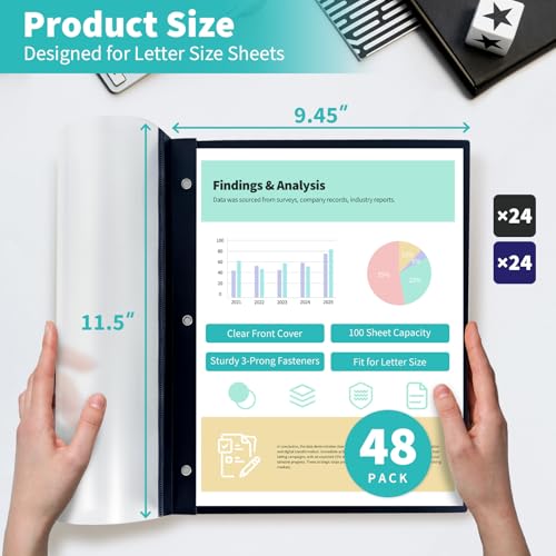 Image of Report Covers with 3 Prongs, 100-Sheet Capacity, Black and Navy, 48 Pack | Clear Front Plastic Folders, for Letter Size, 3-Prong Fasteners, Perfect for Resumes, Proposals & Professional Presentations