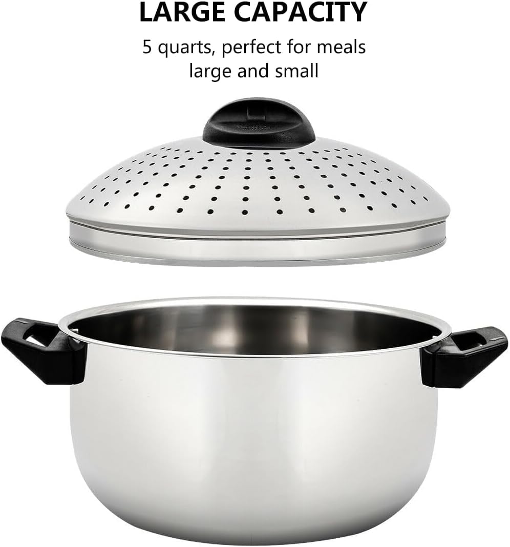 Nudeltopf aus Edelstahl mit Siebdeckel, 4,8 Quart, Verriegelung zum Kochen von Nudeln, Gemüse und Saucen