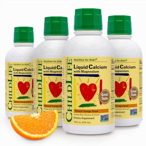 ChildLife Essentials Liquid Calcium Supplement for Kids - Baby & Toddler Calcium with Magnesium Zinc and Vitamin D 3 - Orange Flavor 16 fl oz (4 Pack)