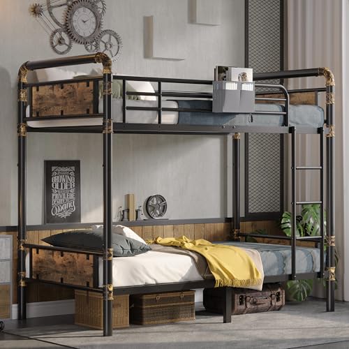 2 IN 1 Metal Bunk Bed Twin Over Twin, Convertible Twin Bunk Beds into 2 Individual Twin Size Bed for Kids Adults, 14.8' High Guard Rail,Space-Saving No Box Spring Needed Easy Assembly (Vintage Brown)