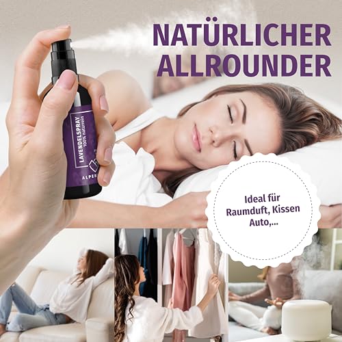 Alpenherz Lavendelspray - 100 ml naturrein mit ätherischem Lavendelöl - für Kopfkissen Raumduft Kissenspray Duftspray Toilette Duftspray Toilette WC Duft Yoga Spray Geschenk
