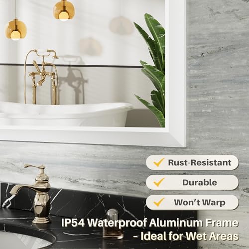 72x36 Inch White Bathroom Mirror for Wall, Thick Metal Framed Rectangle Mirrors for Over Sink, Bedroom, Living Room, Entryway, Anti-Rust, HD Tempered Glass