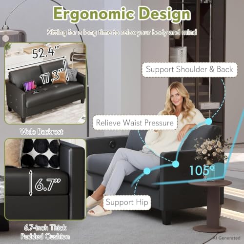 Image of 59 inch Black Faux Leather Loveseat, 2 Seater Couch for Office, Living Room