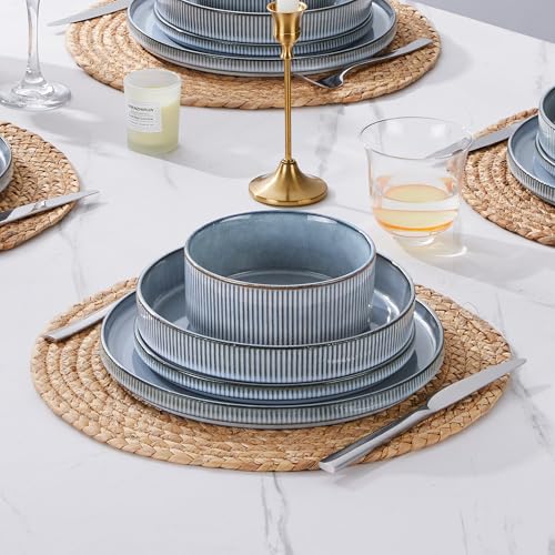 Image of E-far 16 Piece Dinnerware Sets, Plates and Bowls with Pasta Bowls Service for 4, Modern Stoneware Ribbed Dishes for Kitchen Dining, Microwave & Dishwasher Safe, Dusty Blue