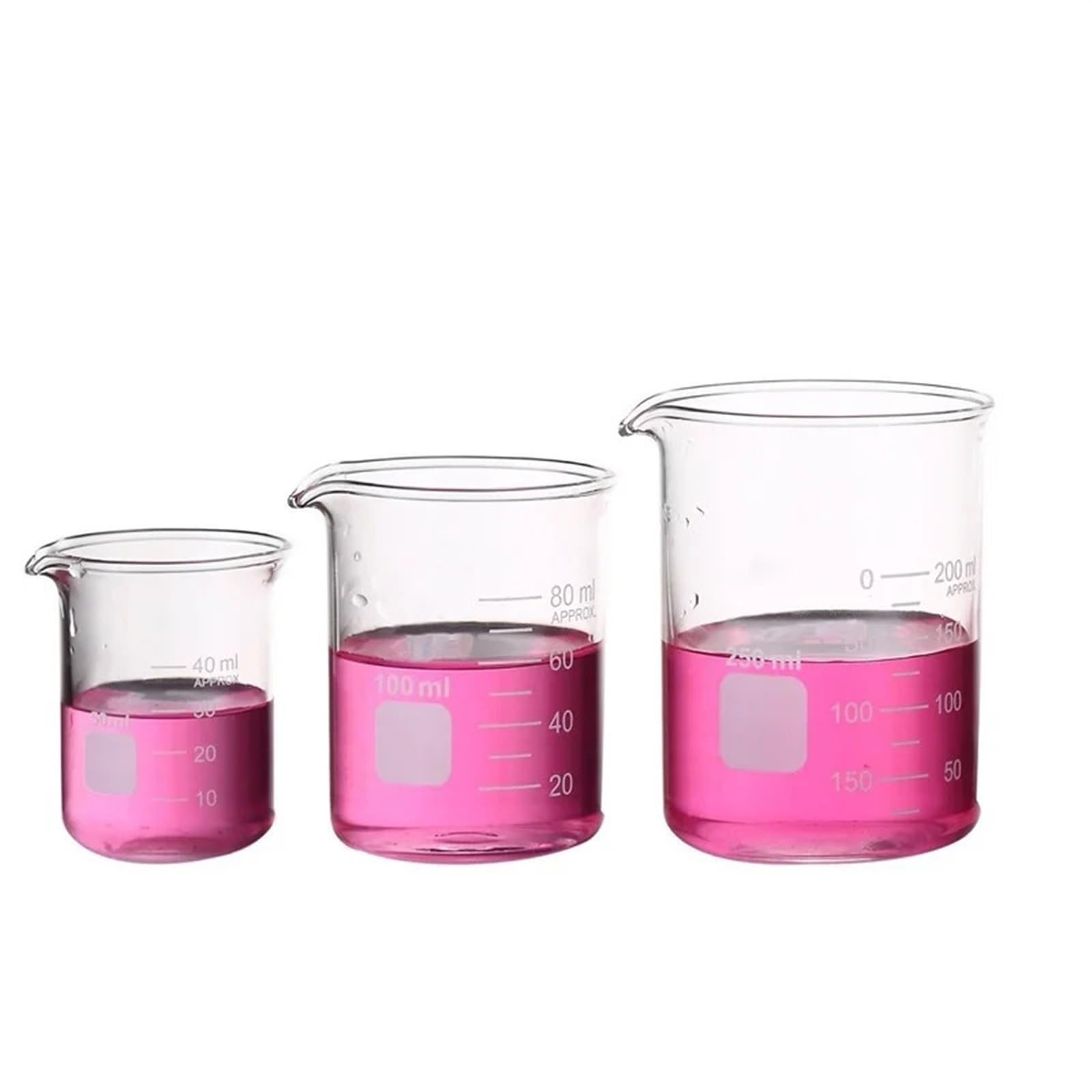 Juego de Vasos medidores de Vidrio de Forma Baja (50 ml, 100 ml y 250 ml), 9 Varillas de agitación de Vidrio de 30 cm de Largo y 0,63 cm de diámetro.