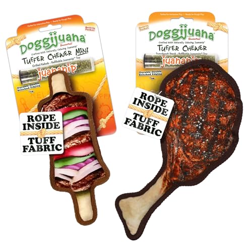 Image of Doggijuana Tomahawk Steak & Grilled Kebab Dog Toy Bundle | 2 Pack, Squeaky | Refillable squeaky plush dog toy + organic calming catnip; eases anxiety, stress & storms; drug-free, hand-harvested