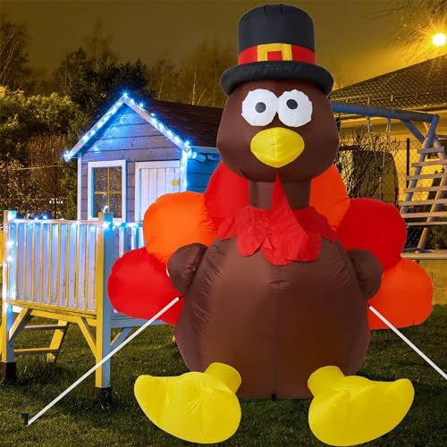 Takuvan Thanksgiving 6FT Inflatable Turkey with Pilgrim Hat Yard Decoration - LED Light Up Blow Up Turkey for Outdoor Indoor Lawn Thanksgiving Yard Decorations and Autumn Holiday Family Party Display