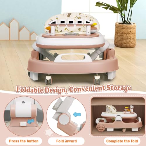 Image of Baby Walker with Wheels, 4 in 1 Foldable Baby Walkers for Boys Girls 6-18 Months, 3 Level Height Adjustment with Bouncing, Feeding Tray & Music, Baby Walker with Activity Center, Toddler Push Walker
