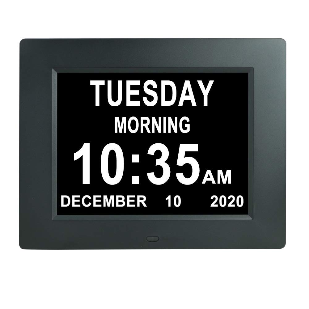 Digital Day Calendar Clock 5 Alarm Clock & 3 Medicine Reminders Extra Large 8 Inch Non-Abbreviated Day Date Month Dementia Senior Clocks for Eldarly Memory Loss Vision Impaired Clock
