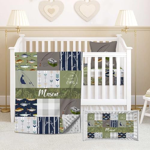 Custom Baby Crib Bedding Set, 3 Piece Personalized Name Fishing Baby Crib Sets for Boys, Minky Blanket, Fitted Sheet, Pillowcase, Soft Nursery Bedding Set for Newborn Infant Toddler Gifts