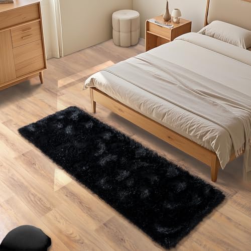 Black Rug for Bedroom 2x6 Feet - Ultra Soft Faux Fur Area Rug - Plush Non-Slip Shaggy Carpet for Living Room, Cozy Fluffy Floor Rug for Home Decor