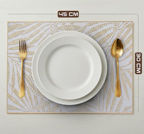 Image of Yellow Weaves 4 Pcs PVC Table Placemats, Dining Table Mat, Stain Resistant, Anti-Skid, Waterproof, Washable, Dining, Kitchen, Restaurant Table Set Easy to Clean, Durable (Fern Leaf Golden)