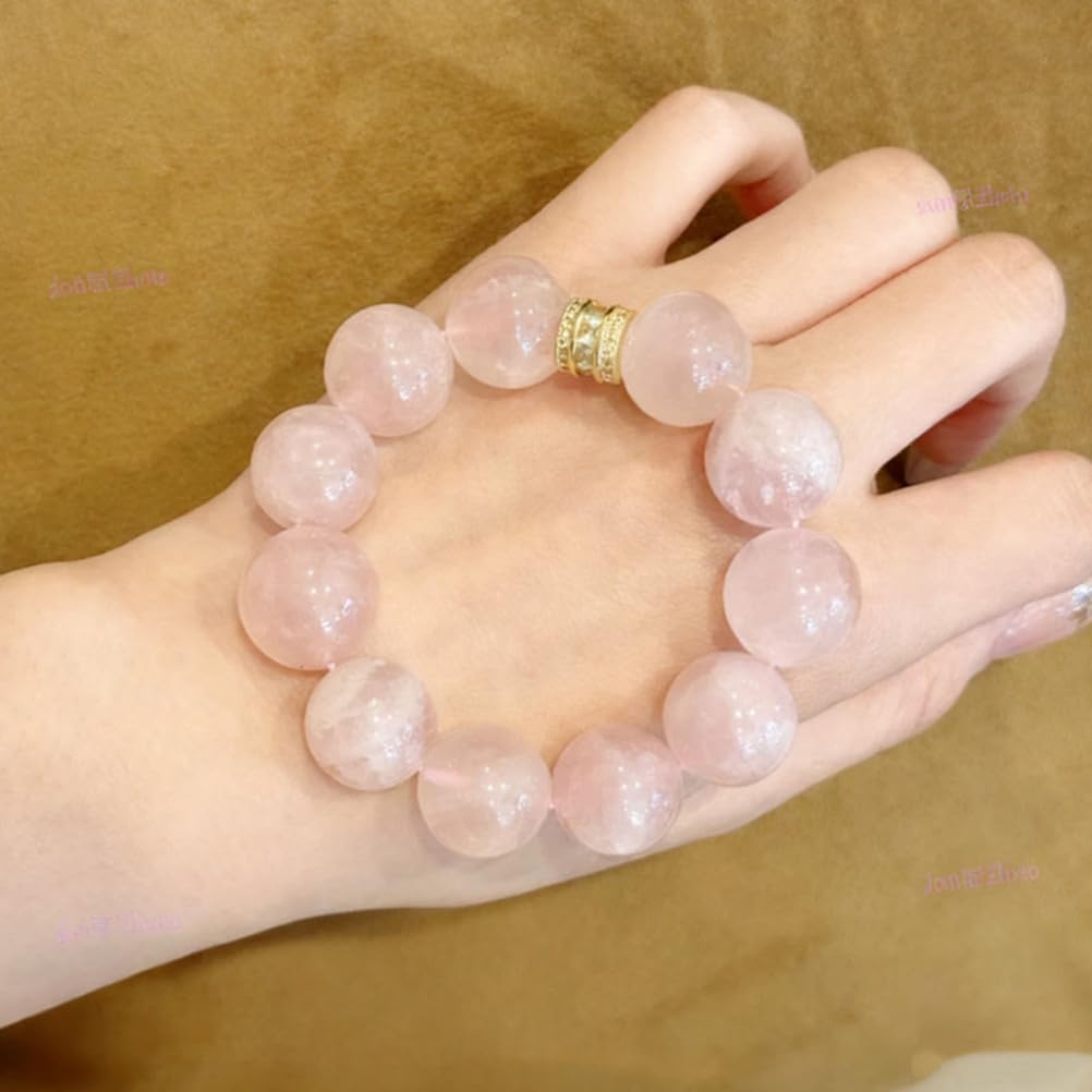 Bracciale in Cristallo di Quarzo Rosa da 14 mm con Gioielli in Pietra Rosa Naturale in Lega con Perline per Amor Proprio ed energia positiva, Accessorio Moda Elastico Elasticizzato