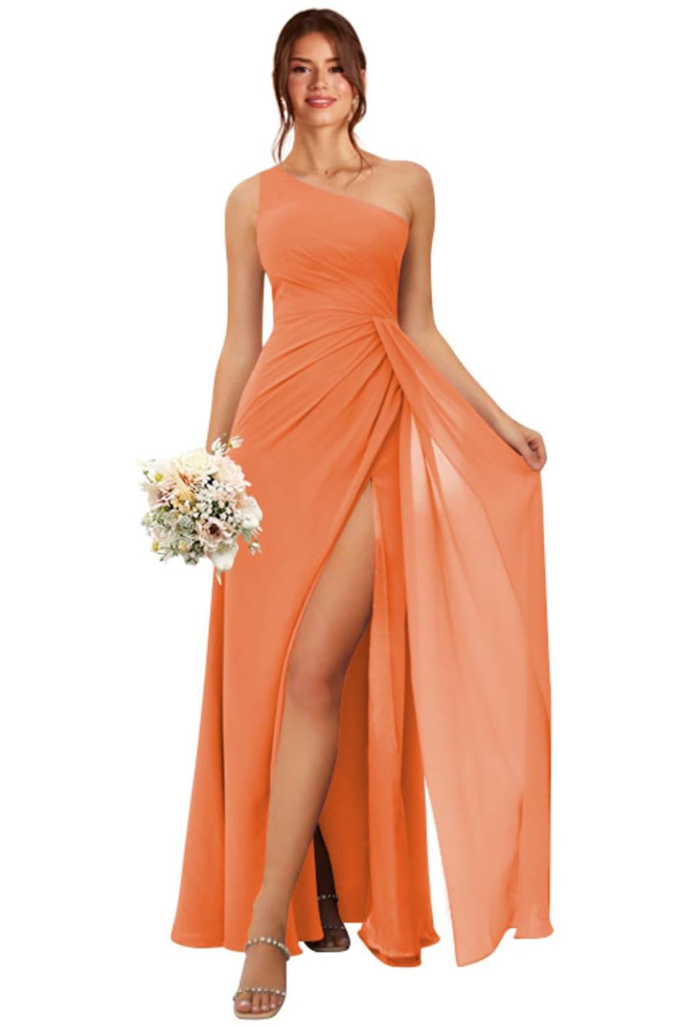 Koendye One Shoulder Bridesmaid Dresses for Women Long Ruched Chiffon A Line Formal Evening Dress with Slit KY001