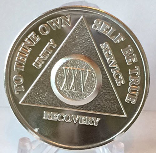25 Year Silver Plated AA Alcoholics Anonymous Anniversary Medallion Chip Serenity Prayer XXV