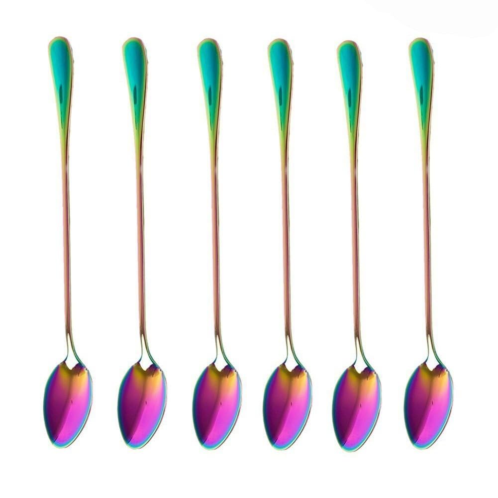 CIOIUGPIUK Coffee Teaspoons, Set of 6 Rainbow Color Coffee Spoon Long-Handle Ice Cream Desert Spoon Cocktail Stir Spoons Mixing Spoon, Pointed Head