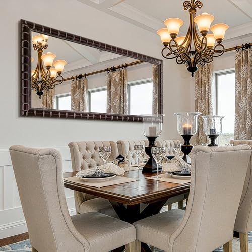 Image of 60'' x 30'' Large Brozne Mirror for Living Room, Antiuqe Wall Mirrors with Bamboo-Joint Frame, Classic Vintage Brozne Wooden Mirror for Entryway, Fireplace, Horizontal /Vertical