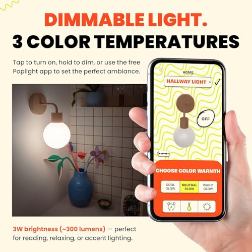 Image of Poplight Wireless Wall Sconce (Shark Tank) Rechargeable & Dimmable LED Light w /App Control & Damage-Free Install, Moveable Modern Ambient Lighting for Elegant Home & Bedroom Decor | Mushroom