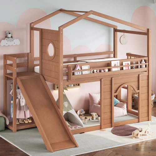 Image of Bellemave Bunk beds Twin Over Twin with Slide,Bookshelf and Wardrobe House roof Design, Low bunk /loft Bed for Kids, Natural