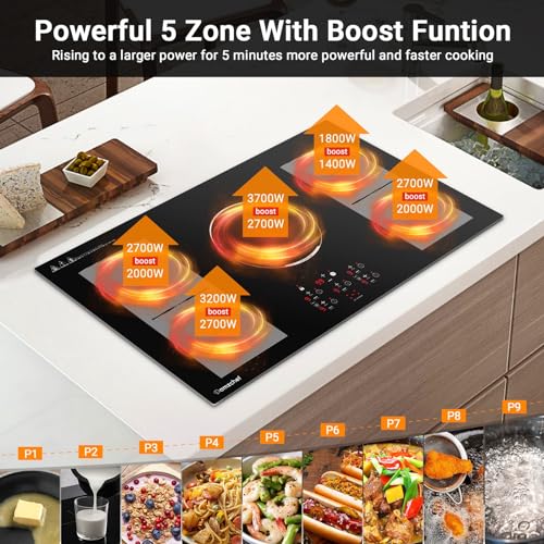 36 Inch Induction Cooktop,AMZCHEF Built-in Electric Cooktop with 5 Boost Burners Including Dual Flexi Zone,240V/10800W Cooktop with ETL Certified,9 Power Level, Sensor Touch Control,Timer,Safety Lock.