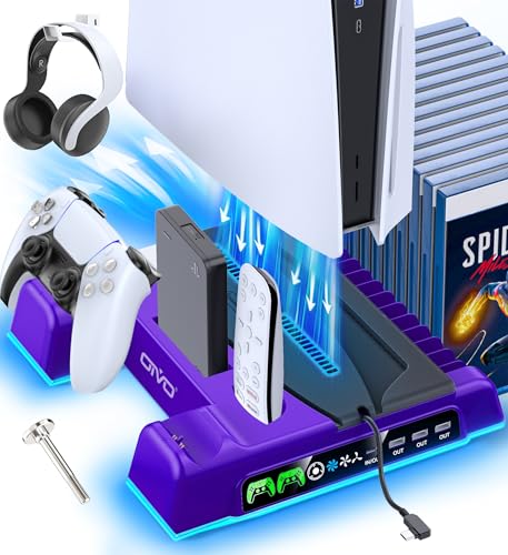 Image of PS5 /Slim /Pro Stand and Cooling Station with LED Controller Charging Station for PlayStation 5 Console, Controller Charger, Cooling Stand, PS5 /Slim /Pro Skin Accessories Kit with 3 Level Cooler Fan